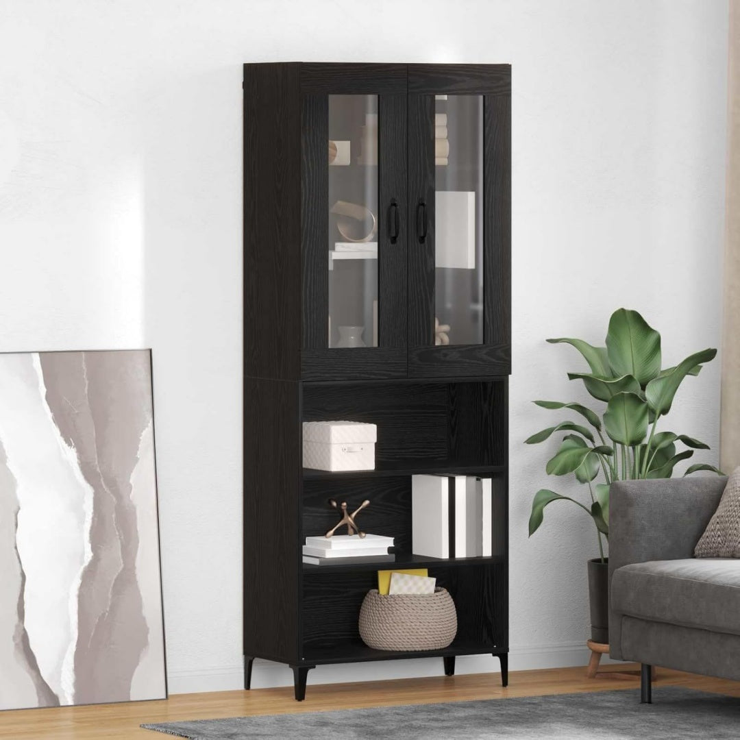 Eine Wandmontage praegt den Hochschrank in Schwarz und Eichenbraun