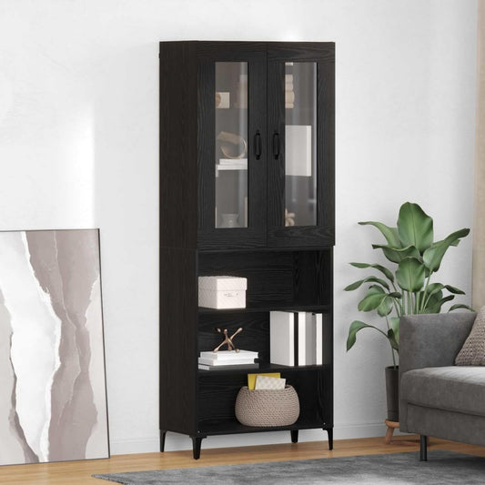 Eine Wandmontage praegt den Hochschrank in Schwarz und Eichenbraun