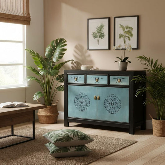 Sideboard mit den Massen 117 x 40 x 85 cm in Tuerkis